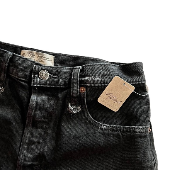 Free People || Makai Distressed Cut Off High Rise Side Slit Shorts || Black - Picture 5 of 8